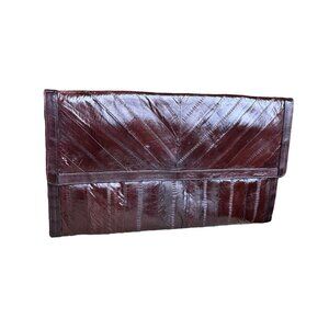 Genuine Vintage Eel Skin Medium Clutch Removable Shoulder Strap, Chocolate Brown